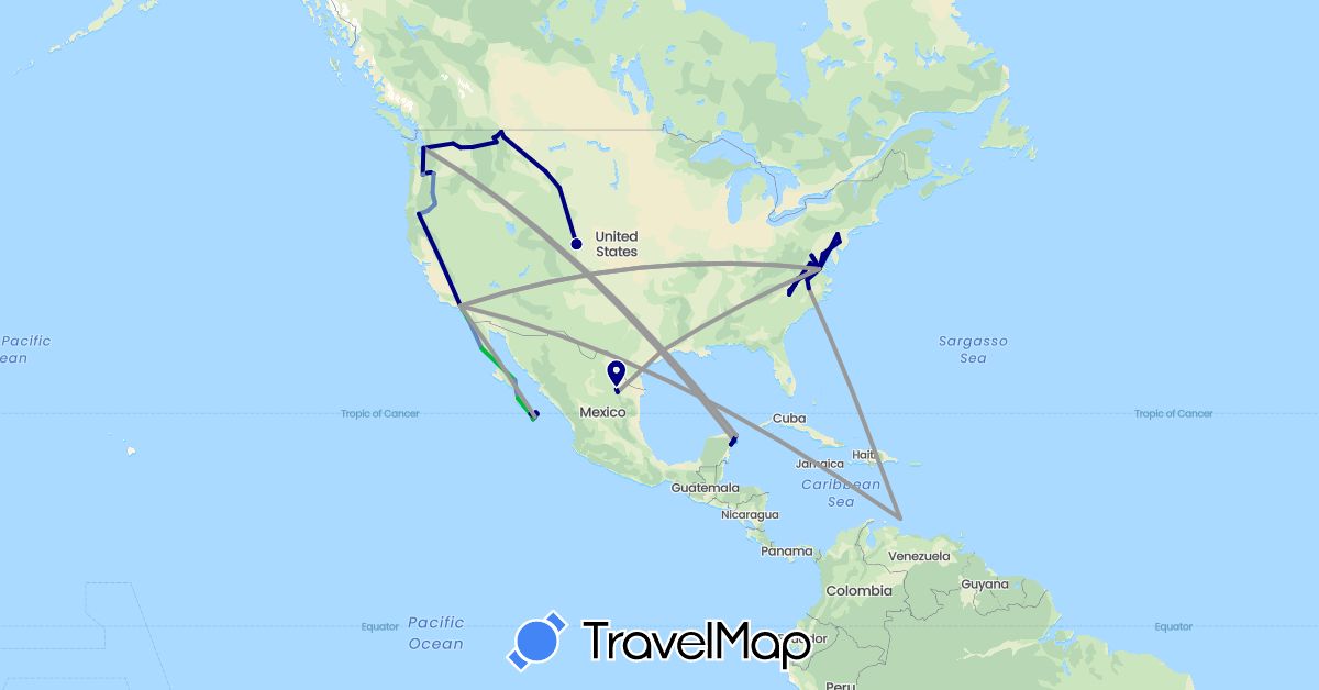 TravelMap itinerary: driving, bus, plane, cycling, boat in Mexico, Netherlands, United States (Europe, North America)